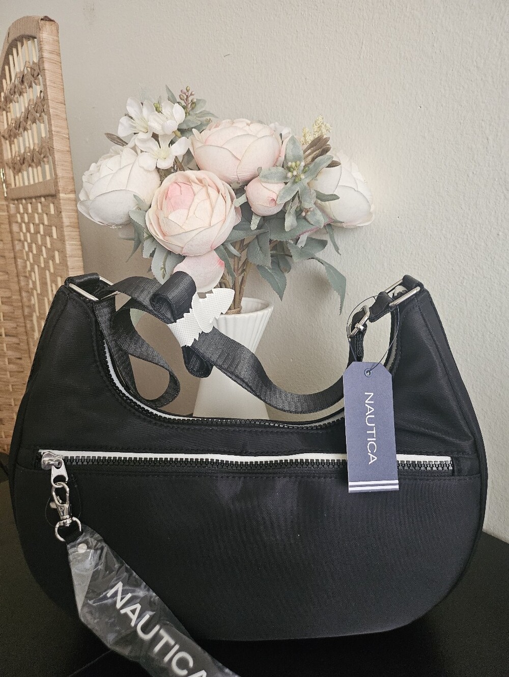NWT Nautica Bifocal Black Nylon Hobo Shoulder Bag